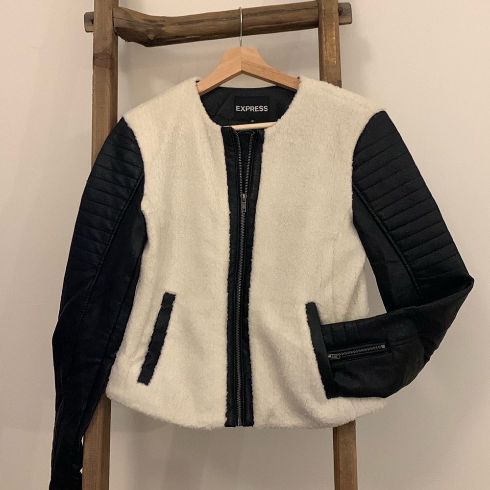 Black leather and cream sherpa jacket from Express. Only worn one time. Size XS